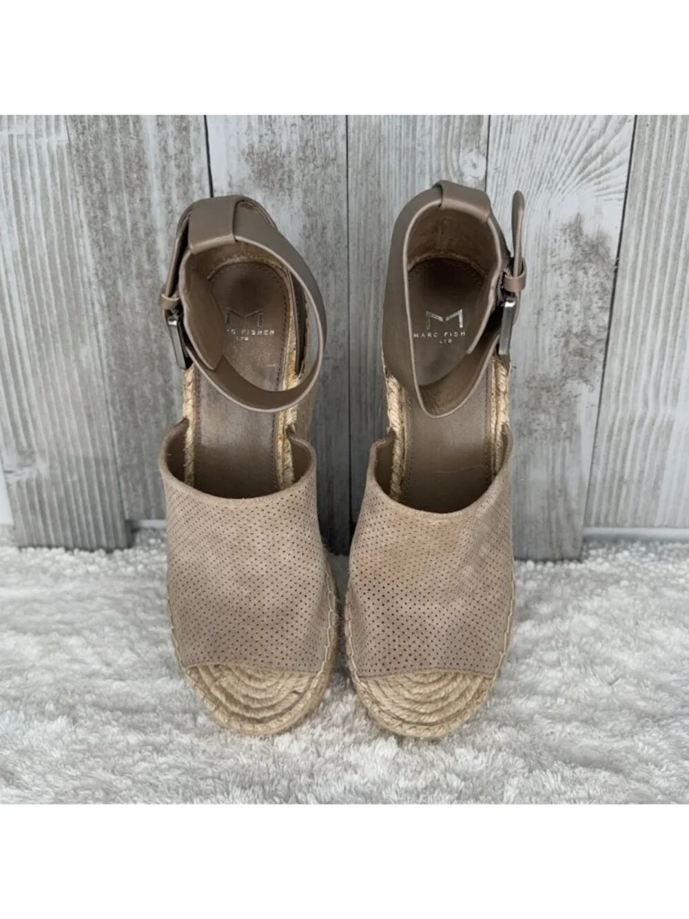 Marc Fisher Taupe Perforated Suede Platform Espadrille Sandals Size 8 M